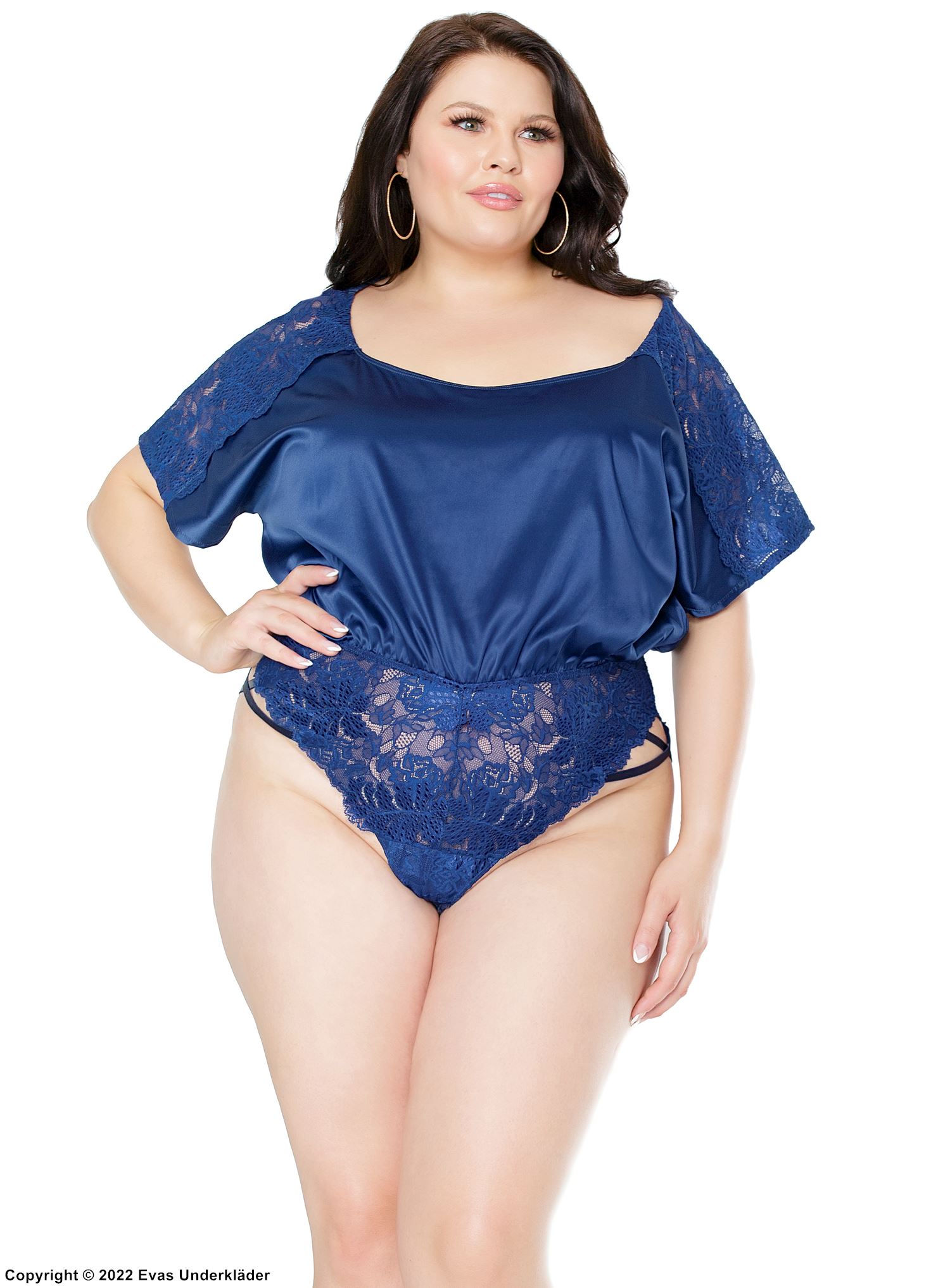 Romantischer Dessous-Teddy, Satin, Blumenspitze, U-Boot-Ausschnitt, gekreuzte Bänder, Plus Size